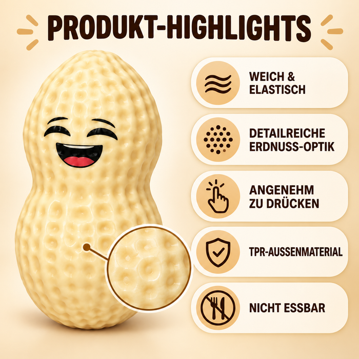 Lustige Erdnuss Squishy zum Drücken – Weiches TPR-Handspielzeug mit fröhlichem Gesicht