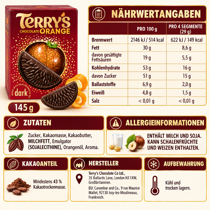 Terry’s Chocolate Orange Dark – Dunkle Schokolade mit echtem Orangenöl – 145 g