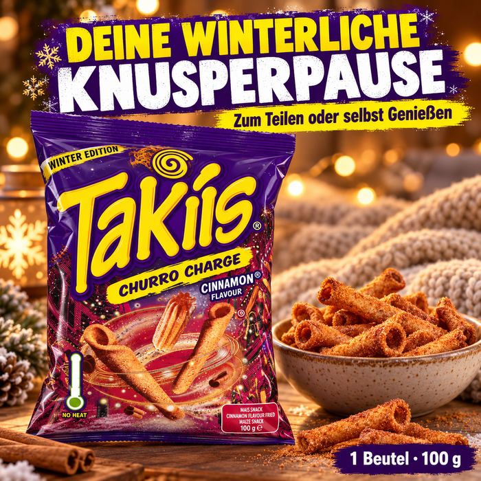 Takis Churro Charge Winter Edition – Knuspriger Maissnack mit Zimt-Churro-Geschmack, gerollte Maischips, 1 Beutel, 100 g