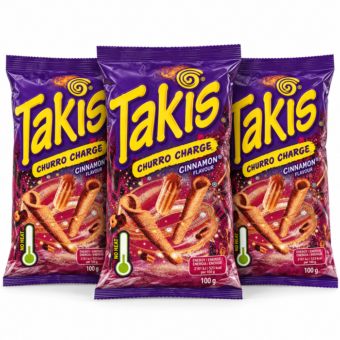 Takis Churro Charge Winter Edition – Knuspriger Maissnack mit Zimt-Churro-Geschmack, 3er-Pack, 3 × 100 g, 300 g Gesamtinhalt