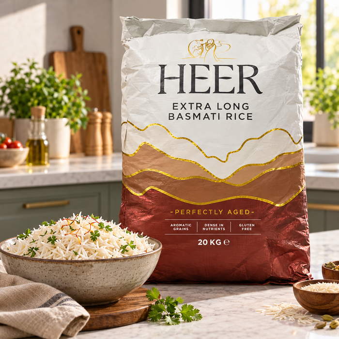 HEER Extra Long Basmati Rice 20 kg – glutenfrei – aromatischer Reis für Biryani, Curry und Beilagen – Vorratspackung