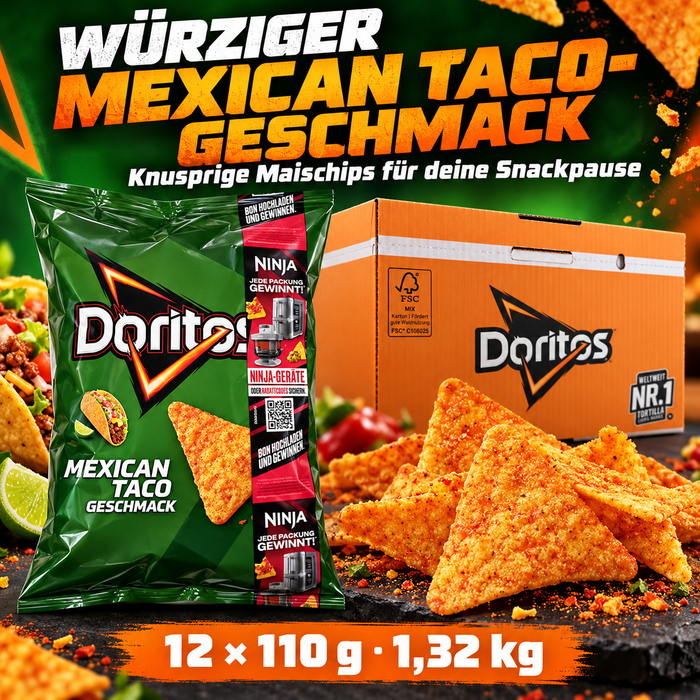Doritos Mexican Taco Tortilla Chips 12er Pack – 12 × 110 g (1,32 kg) – Knusprige Maischips mit würzigem Taco-Geschmack