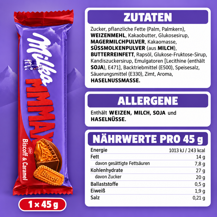 Milka MMMAX Biscoff & Caramel Schokoladenriegel – Alpenmilchschokolade mit Biscoff-Keksfüllung, Karamell und Keksstückchen – Einzeln verpackt – 1 × 45 g