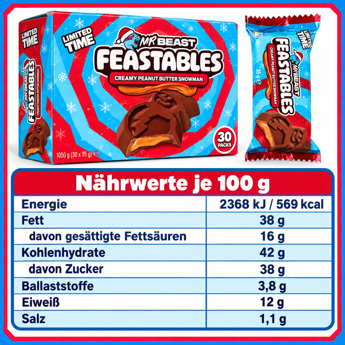 MrBeast Feastables Creamy Peanut Butter Snowman – Milchschokolade mit cremiger Erdnussbutterfüllung – 30 × 35 g – Großpackung 1,05 kg