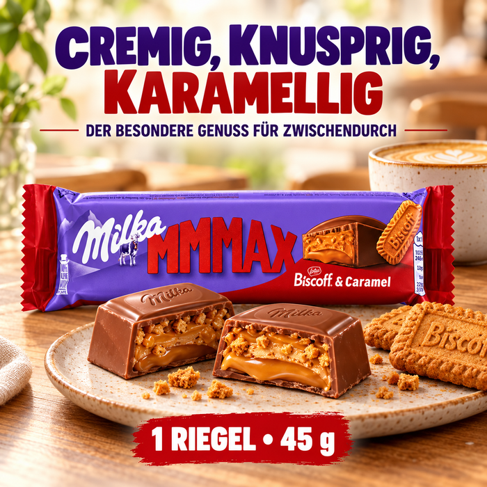 Milka MMMAX Biscoff & Caramel Schokoladenriegel – Alpenmilchschokolade mit Biscoff-Keksfüllung, Karamell und Keksstückchen – Einzeln verpackt – 1 × 45 g