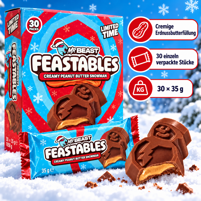 MrBeast Feastables Creamy Peanut Butter Snowman – Milchschokolade mit cremiger Erdnussbutterfüllung – 30 × 35 g – Großpackung 1,05 kg