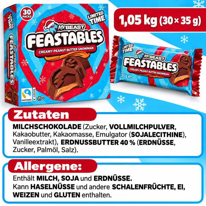 MrBeast Feastables Creamy Peanut Butter Snowman – Milchschokolade mit cremiger Erdnussbutterfüllung – 30 × 35 g – Großpackung 1,05 kg