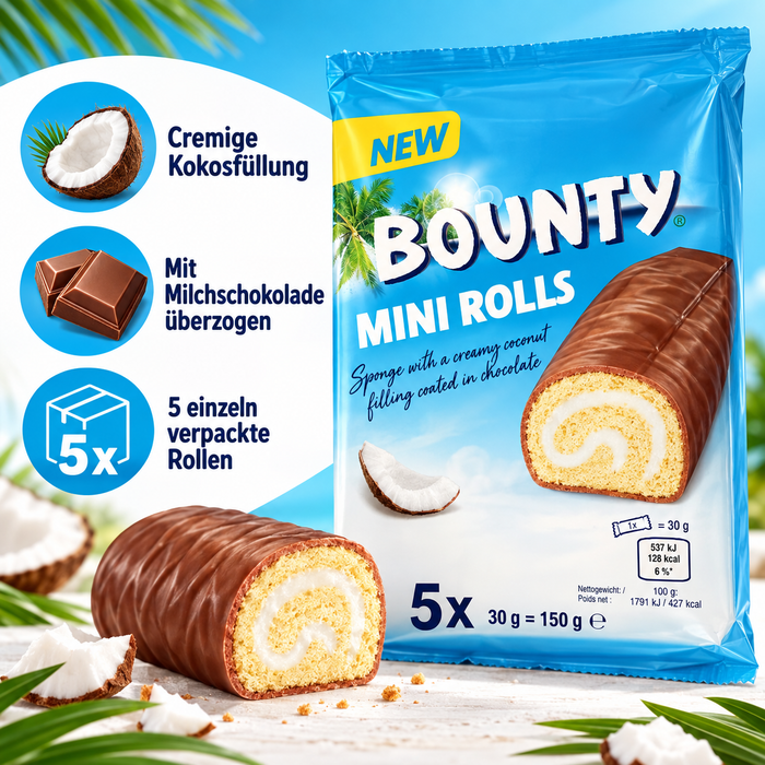 Bounty Mini Rolls – Kokos-Biskuitrollen mit Milchschokolade, 5 × 30 g