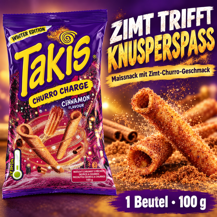 Takis Churro Charge Winter Edition – Knuspriger Maissnack mit Zimt-Churro-Geschmack, 3er-Pack, 3 × 100 g, 300 g Gesamtinhalt