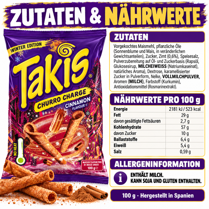 Takis Churro Charge Winter Edition – Knuspriger Maissnack mit Zimt-Churro-Geschmack, 3er-Pack, 3 × 100 g, 300 g Gesamtinhalt