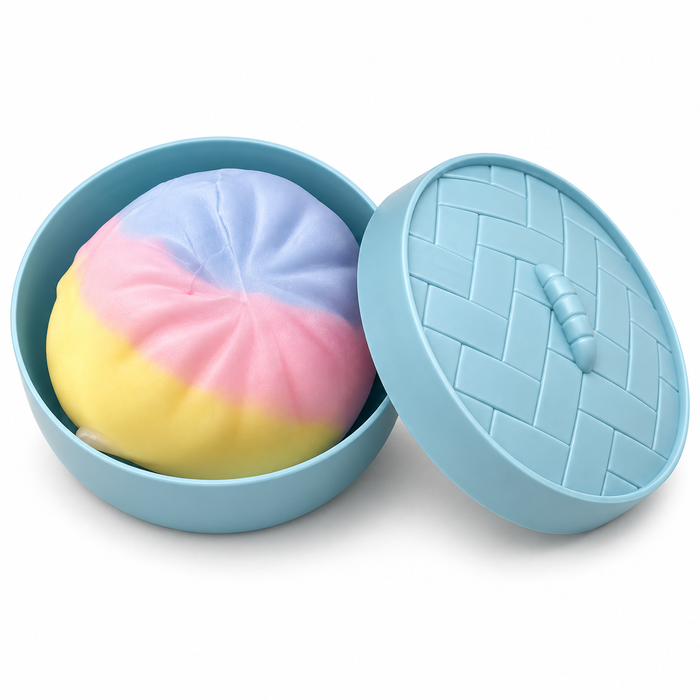 Crackle Squishy mit Knistereffekt – dreifarbiges Squeeze Toy in runder Aufbewahrungsdose – 1 Stück, Dosenfarbe Blau oder Rosa zufällig