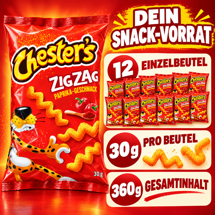 Chester’s ZigZag Paprika – Knuspriger Maissnack mit Paprika-Geschmack, 12 × 30 g, 360 g Gesamtinhalt