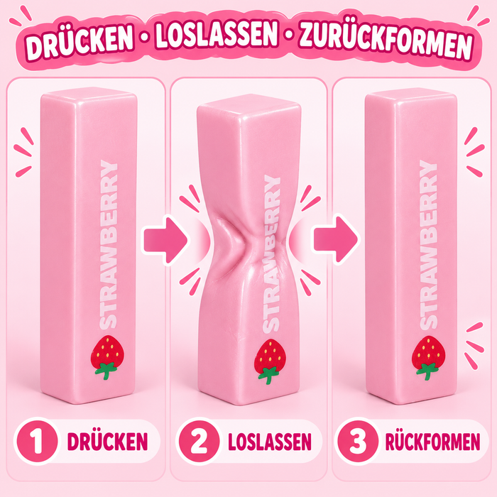 Erdbeer-Butter-Squishy – Rosa Quetschspielzeug in dicker Quaderform, 1 Stück