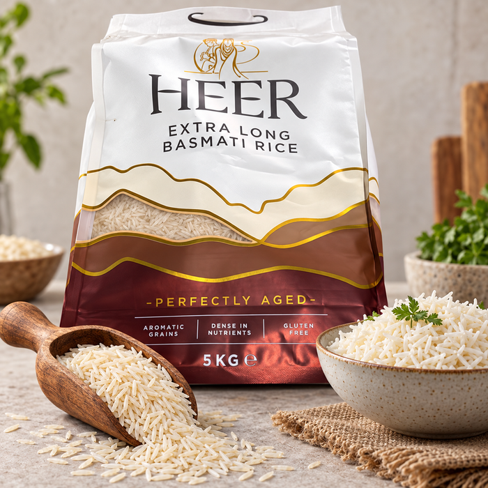 HEER Extra Long Basmati Rice 5 kg – glutenfrei – mit praktischem Tragegriff – aromatischer Reis für Biryani, Curry und Beilagen