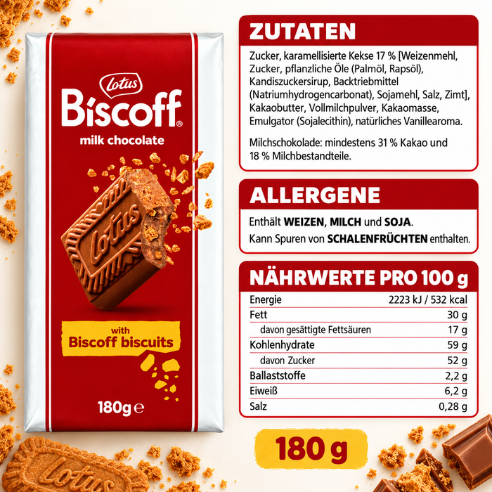 Lotus Biscoff Milchschokolade mit karamellisierten Keksstückchen – Knusprige Biscoff-Kekse in zarter Schokolade – 180 g