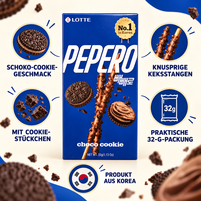 LOTTE Pepero Choco Cookie – Schokoladen-Keksstangen mit Cookie-Stückchen, 32 g