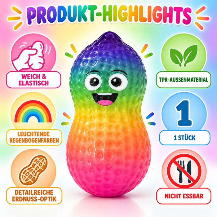 Regenbogen-Erdnuss Squishy zum Drücken – Weiches elastisches Handspielzeug mit lustigem Gesicht