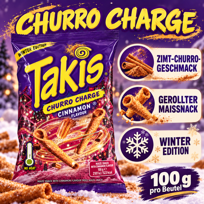 Takis Churro Charge Winter Edition – Knuspriger Maissnack mit Zimt-Churro-Geschmack, 3er-Pack, 3 × 100 g, 300 g Gesamtinhalt