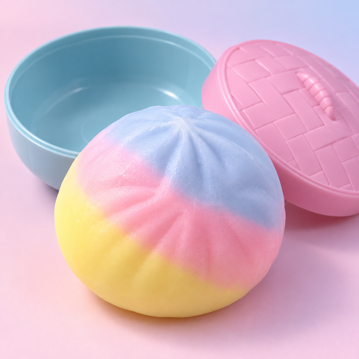 Crackle Squishy mit Knistereffekt – dreifarbiges Squeeze Toy in runder Aufbewahrungsdose – 1 Stück, Dosenfarbe Blau oder Rosa zufällig