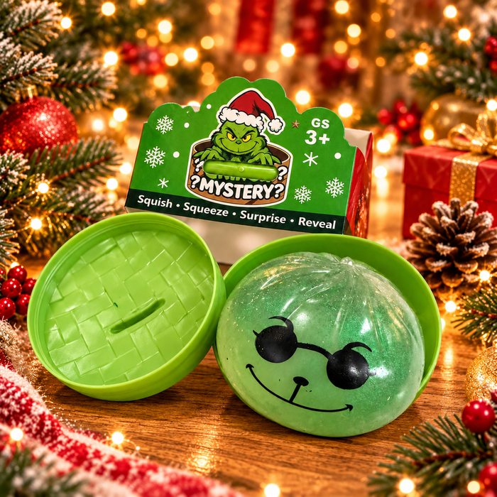 Weihnachtliches Grinch Mystery Squishy – Überraschungs-Quetschspielzeug im runden Behälter – 1 Stück – ab 3 Jahren