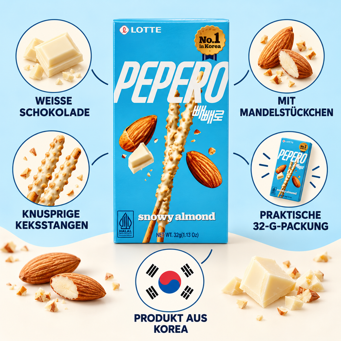 LOTTE Pepero Snowy Almond – Keksstangen mit weißem Überzug und Mandeln, 32 g