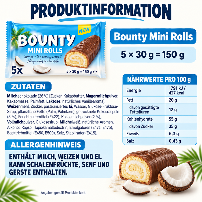 Bounty Mini Rolls – Kokos-Biskuitrollen mit Milchschokolade, 5 × 30 g