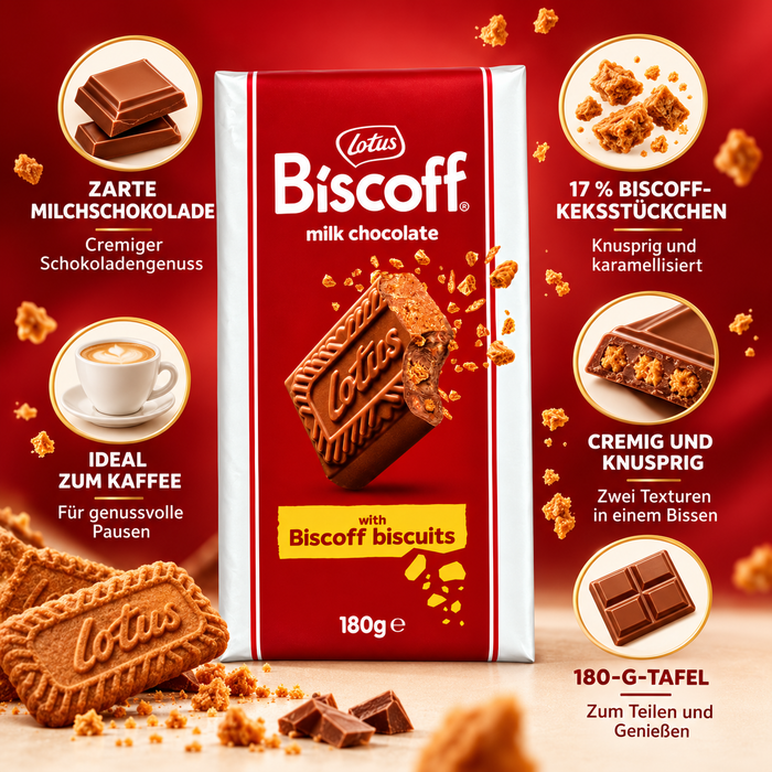 Lotus Biscoff Milchschokolade mit karamellisierten Keksstückchen – Knusprige Biscoff-Kekse in zarter Schokolade – 180 g