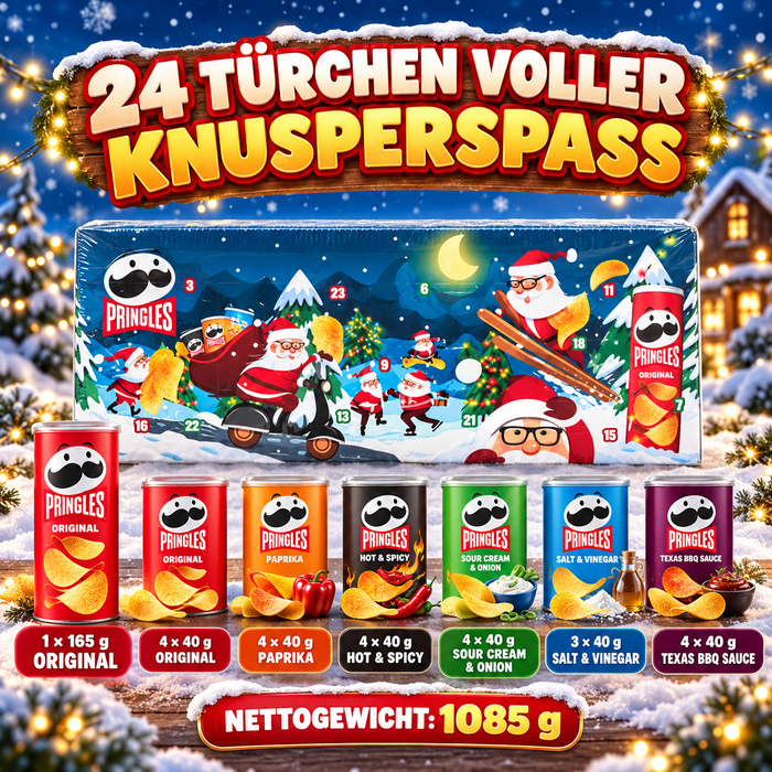 Pringles Adventskalender – 24 Türchen mit 6 Sorten – Originaldose und 23 Minidosen – Chips-Adventskalender – 1085 g