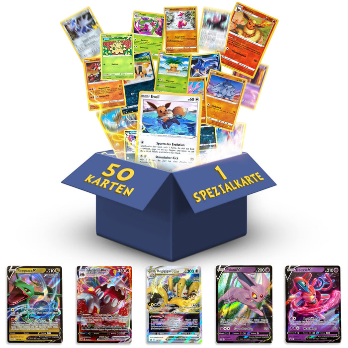 Pokémon Karten Deutsch 50 Verschiedene | 1 V, VMAX, VSTAR, EX | 3X Holo | 1x Rare |  Mögliche Karten von Pikachu, Evoli, Dedenne und viele mehr | Ideales Geschenk | aktuelle Sets
