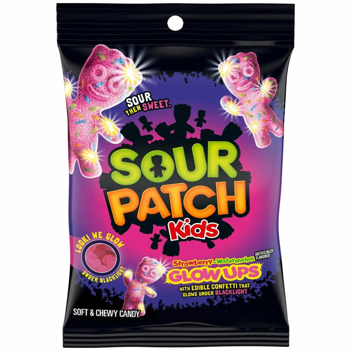 3x Sour Patch Kids Strawberry-Watermelon Glow Ups – Saure & süße Gummibonbons mit essbarem Glitzer, leuchten unter Schwarzlicht | 87 g Beutel