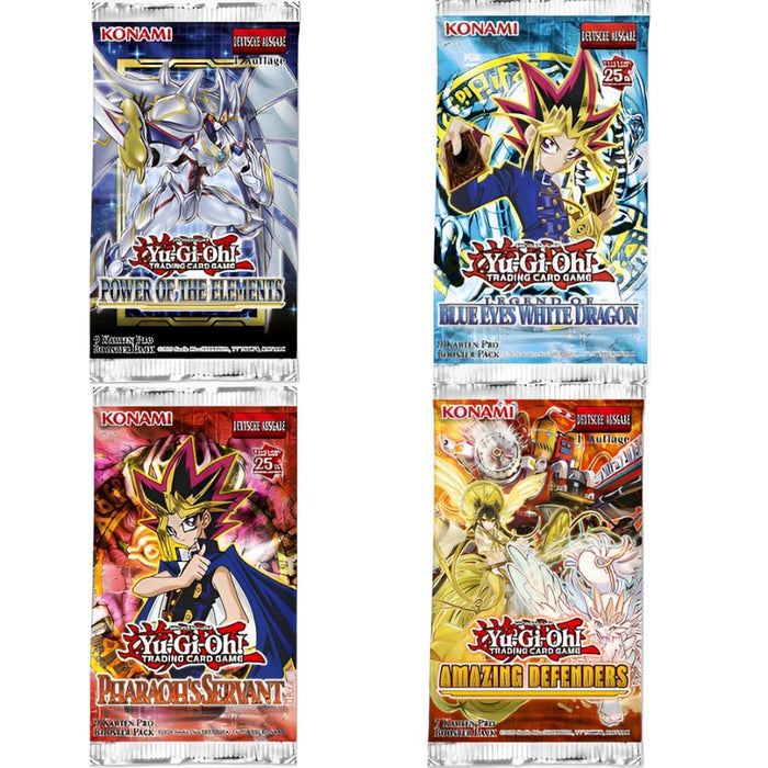 Yugioh! Mystery Box 4er Booster Set - verschiedene aktuelle Sets - DEUTSCH - Überraschungspaket Yu-Gi-Oh! + Heartforcards® Versandschutz