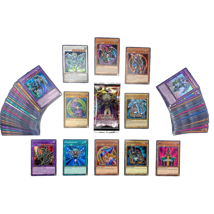 Yugioh Kartenset mit 100 Karten DEUTSCH (85 Commons - 10 rares - 5 Holos) - mit möglichen Magiern oder Drachen + 1 zufälligen aktuellen Booster in erster Edition + Heartforcards®Versandschutz