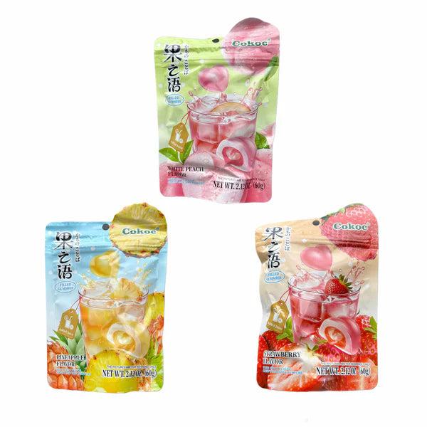 Cokoc Gefüllte Fruchtgummis Mix 3er Pack (3x60g) – White Peach, Pineapple & Strawberry – Soft Gummies mit Fruchtfüllung, Süßigkeit zum Naschen & Teilen