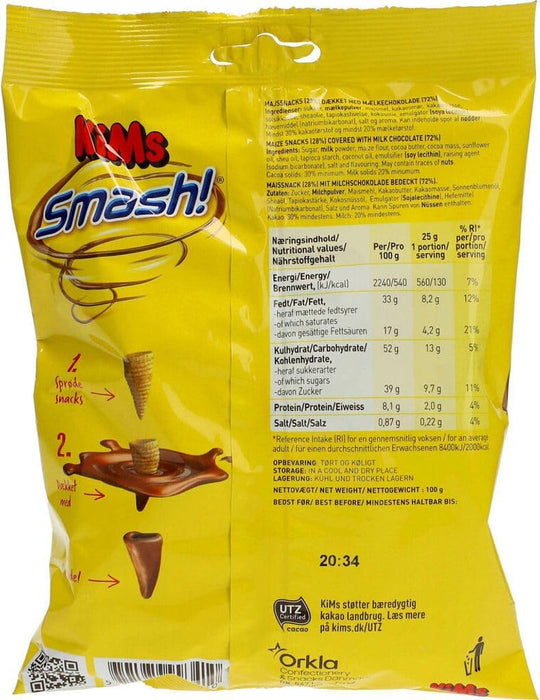 2er Pack KiM’s Smash! – Dänischer Snack-Genuss – Knusprige Maishörnchen mit Milchschokolade überzogen – Süß-salzige Knabberei aus Skandinavien – (2 x 100g)