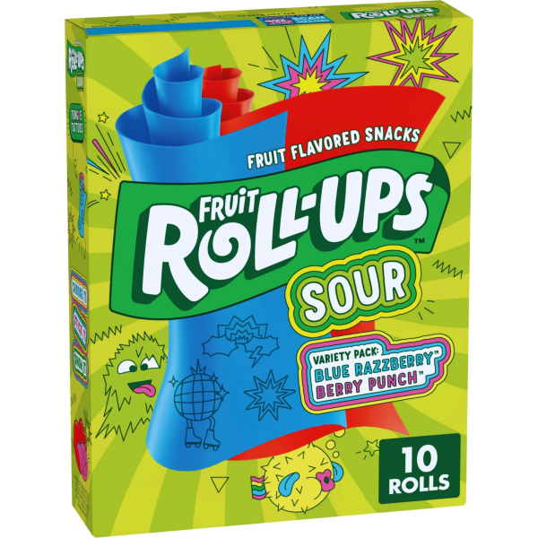10er Packung FRUIT ROLL-UPS Sour 141g Fruchtschlangen Variety Pack Blue Razzberry & Berry Punch Geschmack und Zungen Tattoos