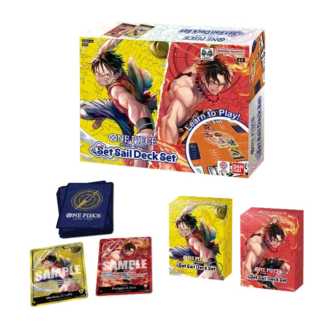 One Piece Card Game Set Sail Deck Set SD-01 – 2 Starter Decks mit Luffy & Ace, OP-17 Booster & Zubehör – Englisch
