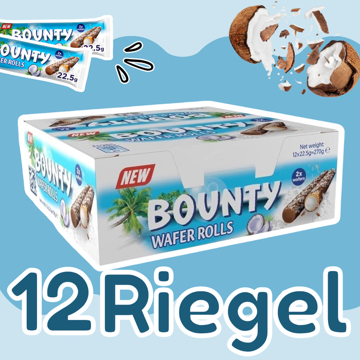 12er Pack – Bounty Wafer Rolls| Knusprige Waffelröllchen mit Kokoscreme & Milchschokolade | 12x22,5g