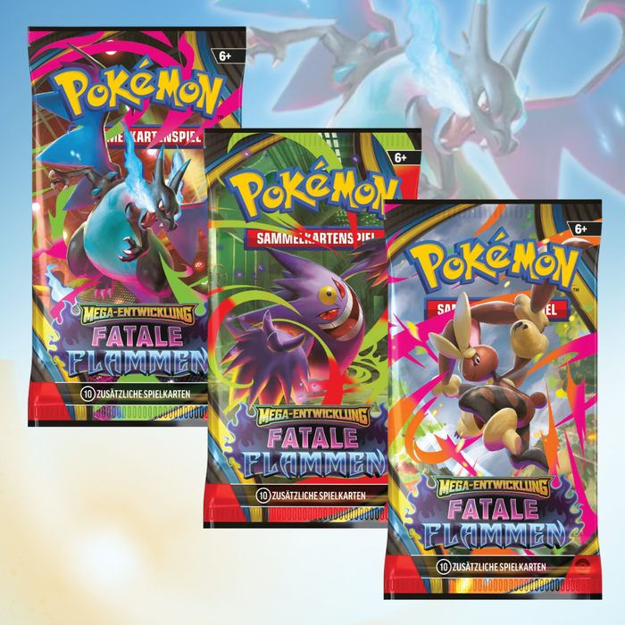 3x Pokémon TCG – ME02 „Mega Entwicklung: Fatale Flammen“ Booster | 3-Booster-Pack | Deutsche Edition