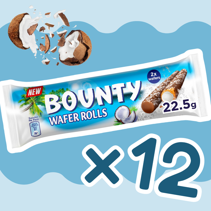 12er Pack – Bounty Wafer Rolls| Knusprige Waffelröllchen mit Kokoscreme & Milchschokolade | 12x22,5g