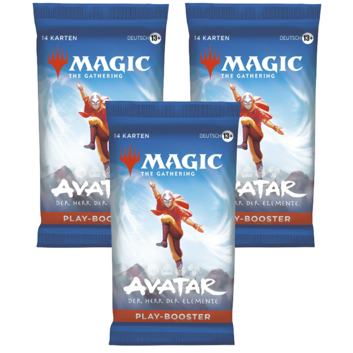 3× Magic the Gathering Avatar: Herr der Elemente Play Booster Deutsch – Offizielle MTG-Erweiterungspacks mit seltenen & exklusiven Karten + Heartforcards Versandschutz