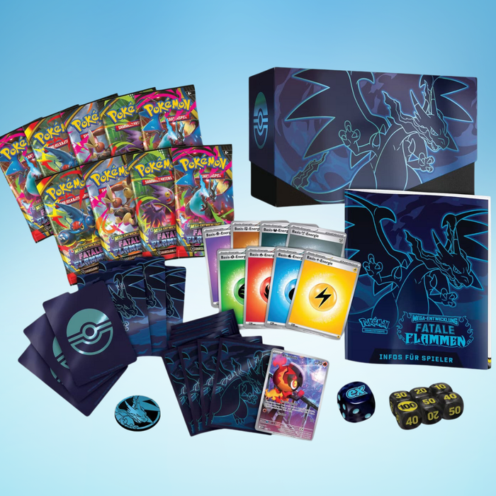 Pokémon TCG – ME02 – Mega Entwicklung: Fatale Flammen – Top-Trainer-Box (Deutsch) | 9 Boosterpacks + Zubehör | Deutsche Edition