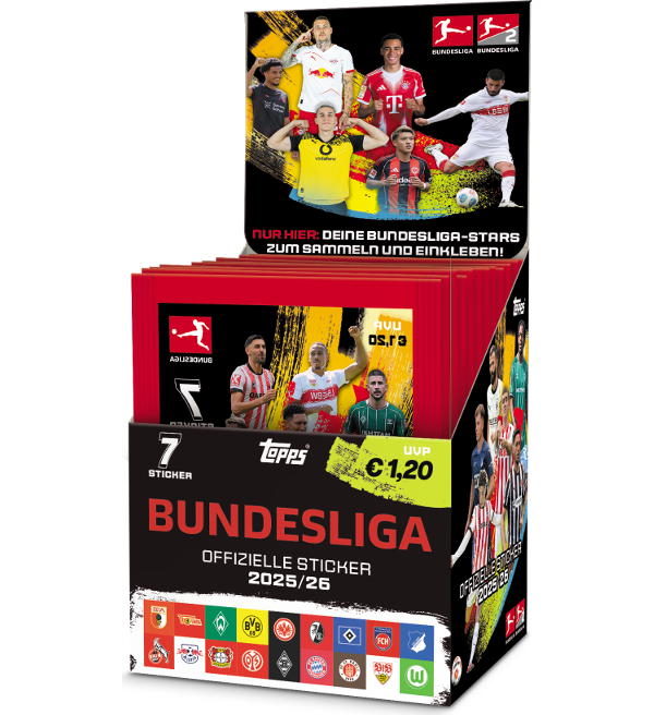 Topps Bundesliga Sticker 2025/2026 Display | 50 Stickertüten | Offizielle Stickerkollektion