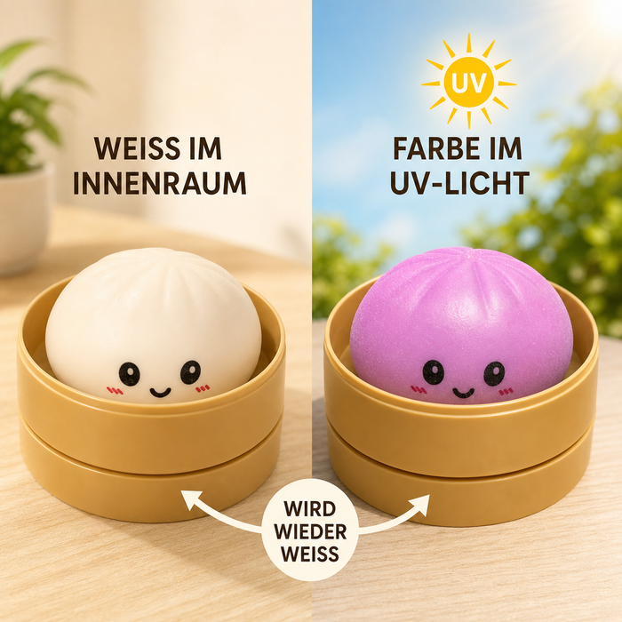 1 Stück UV-Farbwechsel Bun Squishy im Dampfkorb – 8,5 cm Überraschungsfarbe
