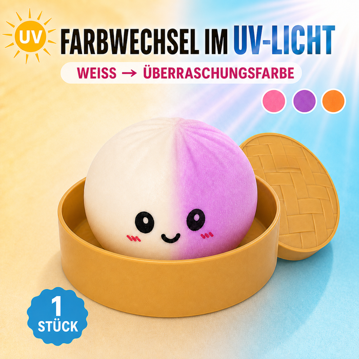 1 Stück UV-Farbwechsel Bun Squishy im Dampfkorb – 8,5 cm Überraschungsfarbe